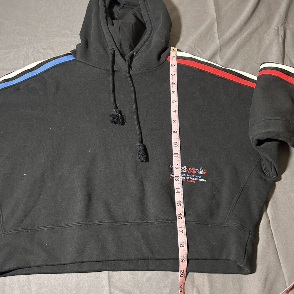 Adidas Originals Trefoil Crop Hoodie Black Red Blue Stripe Trim Women’s Size M - Picture 7 of 7